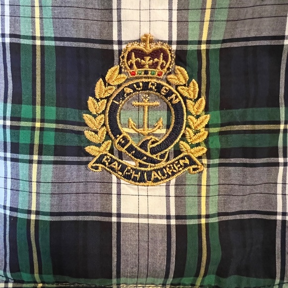 EUC Womens Ralph Lauren Green Navy Plaid Button Up Top Shirt w/ Crest Size 16 - Picture 3 of 3